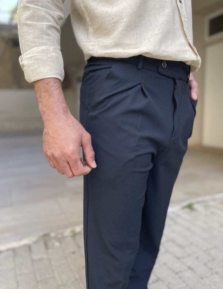 Ανδρικό μπλε υφασμάτινο παντελόνι με πιέτα και λάστιχο στην μέση FCL00295B φωτογραφία